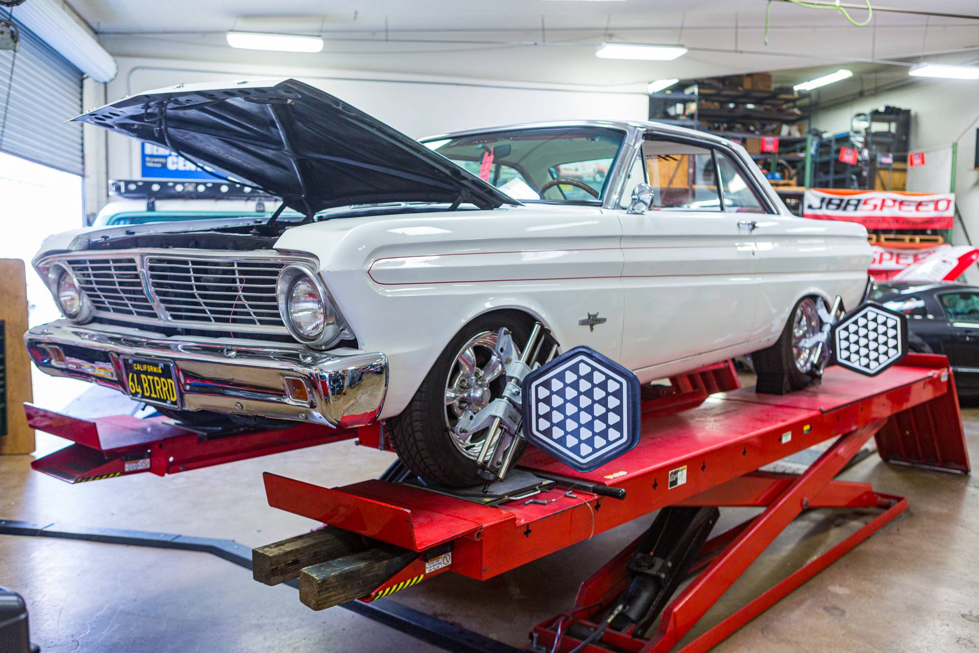 Tires, Alignment, San Diego, CA JBA Speed Shop Ford Falcon, Meltdown tires, Tire installation, Wheel Alignment on the Hunter Alignment Rack