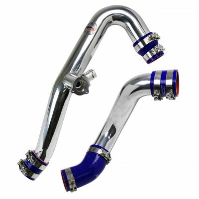 HPS Silicone Hose - HPS Polish Intercooler Hot Charge Pipe and Cold Side with Blue Hoses 15-20 Ford Mustang Ecoboost 2.3L Turbo