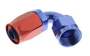 -06 120 degree female aluminum hose end - red&blue