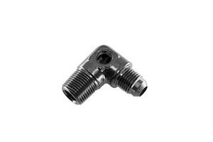 -08 AN male to 1/2" NPT male adapter with 1/8" NPT port, 90º - black
