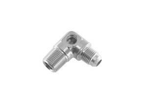 -08 AN male to 3/8" NPT male adapter with 1/8" NPT port, 90º - clear